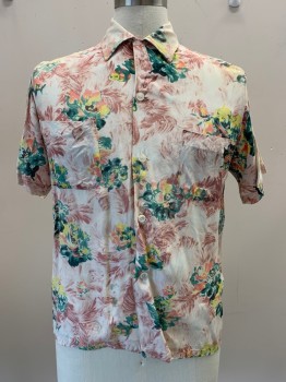 Mens, Shirt, PENNEY'S, Lt Beige, Rose Pink, Lt Green, Yellow, Coral Pink, Rayon, Floral, M, Camp C.A., B.F., 2 Pckts, S/S
