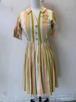 Womens, Dress, MTO, Butter Yellow, Gold, Lt Beige, Peach Orange, Lt Peach, Cotton, Stripes, W30, B40, C.A., S/S, 3 Buttons, Pleated Skirt, Gold Stitching on Left Bust
