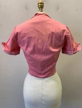 Womens, Blouse, GAY GIBSON, Bubble Gum Pink, Cream, Cotton, Solid, Gingham, W:25, B:32, S/S, Contrasting Gingham Trim at Camp Collar and Folded Sleeve Cutts, Self Fabric Buttons at Front, Fitted