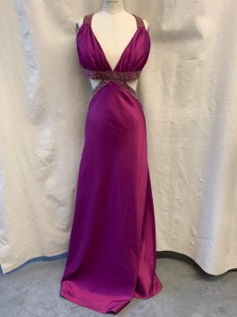 Womens, Evening Gown, ANNE BELL, Magenta Purple, Polyester, 6, Deep V Plunge Open on Sides Under Bust, Beaded Straps That Cross at Back, Beaded Trim Under Bust & Along Waist, Low Back, Sheath Dress, Zip Back