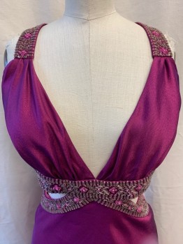 Womens, Evening Gown, ANNE BELL, Magenta Purple, Polyester, 6, Deep V Plunge Open on Sides Under Bust, Beaded Straps That Cross at Back, Beaded Trim Under Bust & Along Waist, Low Back, Sheath Dress, Zip Back