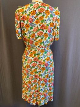R.J. STEVENS, Lt Orange, Multi-color, Rayon, Floral, Shawl Lapel, V-N, S/S, 1 Button Below Bust, White Dickie Attached, 2 Pockets, White BG, Red, Periwinkle, and Orange Colors