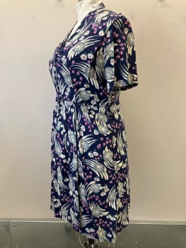 Womens, Dress, N/L, Navy Blue, Mauve Purple, White, Green, Polyester, Floral, W: 35, B: 42, V Neck, B.F., Pleated, 2 Slant Pockets, Belt Loops, Has Been Taken Up At Waist
