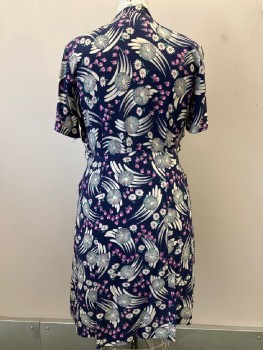 Womens, Dress, N/L, Navy Blue, Mauve Purple, White, Green, Polyester, Floral, W: 35, B: 42, V Neck, B.F., Pleated, 2 Slant Pockets, Belt Loops, Has Been Taken Up At Waist