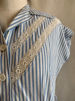 NL, Lt Blue, White, Cotton, Stripes, C.A., V-N, Button Front, S/S, White Floral Crochet Insets,