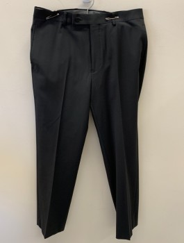 CALVIN KLEIN, Black, Wool, Spandex, Solid, F.F, Zip Front with Tab Closure, Belt Loops, 2 Side Pockets, 2 Back Pockets