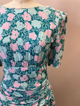 JANE SINGER, Sea Foam, Multi-color, Floral Print, Boat Neck, S/S, Ruched Waist, Pleated Peplum, Back Buttons, Back Zip