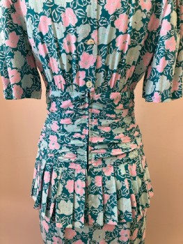 JANE SINGER, Sea Foam, Multi-color, Floral Print, Boat Neck, S/S, Ruched Waist, Pleated Peplum, Back Buttons, Back Zip