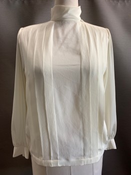 LIZ CLAIBORNE, Ivory White, Polyester, Solid, Crepe, High Band Collar, Pullover, Vertical Pleated Front @ Shoulders To Waist, Left Side Asymmetrical Neck Closure, Shoulder Pads, L/S, Gathers @shoulders, Covered Btns @ Neck & Cuffs