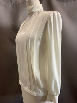 LIZ CLAIBORNE, Ivory White, Polyester, Solid, Crepe, High Band Collar, Pullover, Vertical Pleated Front @ Shoulders To Waist, Left Side Asymmetrical Neck Closure, Shoulder Pads, L/S, Gathers @shoulders, Covered Btns @ Neck & Cuffs
