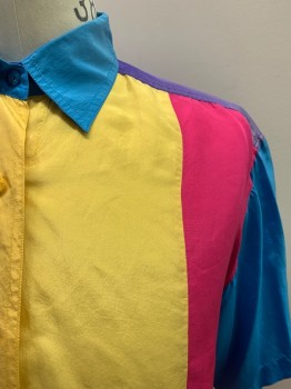 Mens, Casual Shirt, MARMIE WEST, Lt Blue, Multi-color, Silk, Color Blocking, M, C.A., Button Front, S/S, Purple And Hot Pink
