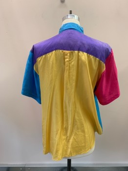 MARMIE WEST, Lt Blue, Multi-color, Silk, Color Blocking, C.A., Button Front, S/S, Purple And Hot Pink