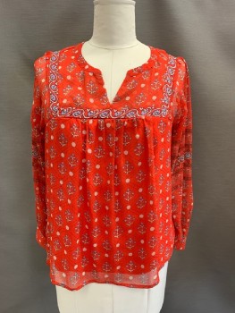 Womens, Blouse, LUCKY, Red, Sky Blue, White, Beige, Polyester, Floral, Circles, L, Crepe, Split V-Neck, Larger Floral Trim On Front Chest/Back Yokes, Gathers At Front/Back Yokes W/Attached Solid Red Lining, Sheer L/S