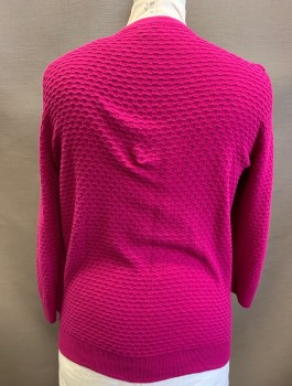 MERONA, Magenta Pink, Cotton, Solid, Bumpy Textured Knit, 3/4 Sleeves, Scoop Neck, Button Front