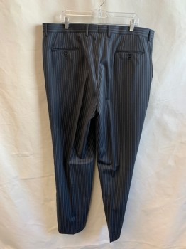 Mens, Suit, Pants, N/L, Charcoal Gray, White, Wool, Stripes - Pin, 42/34, Flat Front, Zip Fly, Bttn. Closure, 4 Pockets, Belt Loops