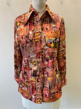 Womens, Shirt, Rhodes, Pink, Brown, Yellow, Black, Polyester, Abstract , B36, L/S, Button Front, C.A.,
