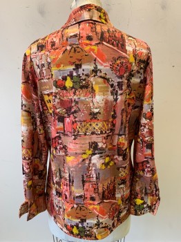 Rhodes, Pink, Brown, Yellow, Black, Polyester, Abstract , L/S, Button Front, C.A.,
