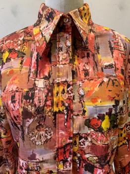 Womens, Shirt, Rhodes, Pink, Brown, Yellow, Black, Polyester, Abstract , B36, L/S, Button Front, C.A.,