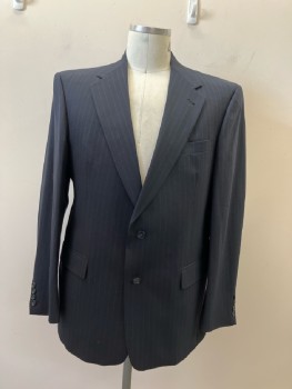 BURBERRY, Navy with Turquoise/White Double P'stripe, SB. Wide Notched Lapel, 3 Pckts, Single Vent, 4 Btn. Cuffs
