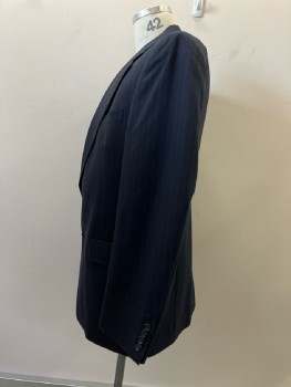 BURBERRY, Navy with Turquoise/White Double P'stripe, SB. Wide Notched Lapel, 3 Pckts, Single Vent, 4 Btn. Cuffs