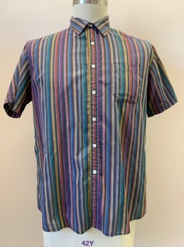 GENO, Faded Black, Brick Red, Purple, Mustard Yellow, Teal Blue, Cotton, Polyester, Stripes - Vertical , S/S, Button Front, Collar Attached, Chest Pocket