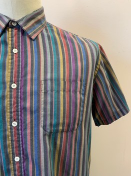 GENO, Faded Black, Brick Red, Purple, Mustard Yellow, Teal Blue, Cotton, Polyester, Stripes - Vertical , S/S, Button Front, Collar Attached, Chest Pocket
