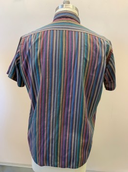 Mens, Casual Shirt, GENO, Faded Black, Brick Red, Purple, Mustard Yellow, Teal Blue, Cotton, Polyester, Stripes - Vertical , XL, S/S, Button Front, Collar Attached, Chest Pocket