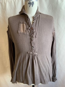 MTO, Dusty Brown, Cotton, Solid, 1/2 Button Front, Gathered at Button Placket, Stand Collar, Gathered Inset Long Sleeves, Gathered Ruffle Cuff, Aged/Distressed,  Patches and Holes