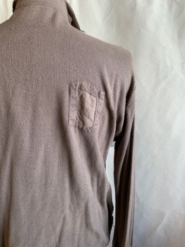 Mens, Historical Fiction Shirt, MTO, Dusty Brown, Cotton, Solid, Ch 44, 1/2 Button Front, Gathered at Button Placket, Stand Collar, Gathered Inset Long Sleeves, Gathered Ruffle Cuff, Aged/Distressed,  Patches and Holes