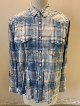 Mens, Casual Shirt, LUCKY, Lt Blue, Dusty Red, White, Blue, Cotton, Plaid, XL, Button Front, 2 Pockets with Flaps,