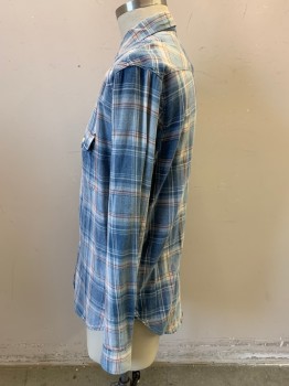 Mens, Casual Shirt, LUCKY, Lt Blue, Dusty Red, White, Blue, Cotton, Plaid, XL, Button Front, 2 Pockets with Flaps,