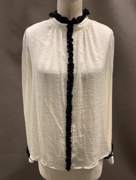 Womens, Blouse, ZARA, Off White, Black, Polyester, Solid, Color Blocking, M, L/S, Hook N Eye At Back Neck, Teardrop Opening, Band Collar, Ruffle Trim At Neck And Cuffs, Ruffle Bows At Center Front **Make Up Stains On Shoulder