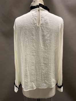 Womens, Blouse, ZARA, Off White, Black, Polyester, Solid, Color Blocking, M, L/S, Hook N Eye At Back Neck, Teardrop Opening, Band Collar, Ruffle Trim At Neck And Cuffs, Ruffle Bows At Center Front **Make Up Stains On Shoulder
