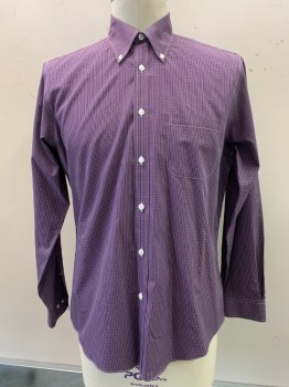 Mens, Casual Shirt, BROOKS BROTHERS, Red Burgundy, White, Blue, Cotton, Plaid - Tattersall, L, L/S, Button Front, Collar Attached, Chest Pocket