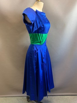 Womens, Cocktail Dress, NO LABEL, Royal Blue, Green, Silk, Color Blocking, W24, B36, S/S, Square Neck, Crossover, Green Band with Side Fringe, Back Zipper, Low V Cut Back,