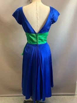Womens, Cocktail Dress, NO LABEL, Royal Blue, Green, Silk, Color Blocking, W24, B36, S/S, Square Neck, Crossover, Green Band with Side Fringe, Back Zipper, Low V Cut Back,