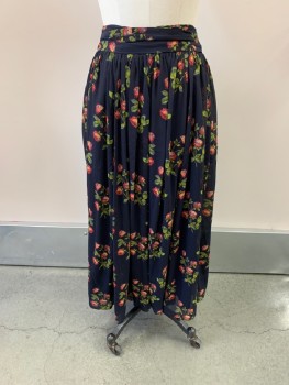 Womens, Skirt, Long, POINT SUR, Black, Red, Pink, Green, Gray, Polyester, Floral, W 28, 4, Zip Back, Plreated, A-Line