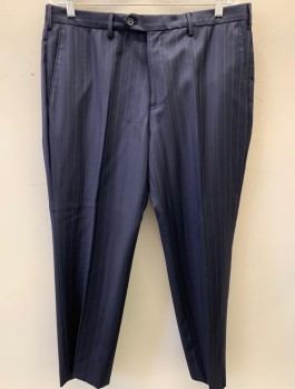 BROOKS BROTHERS, Navy Blue, White, Wool, Stripes - Vertical , F.F, Tab Closure, Double Pin Stripe