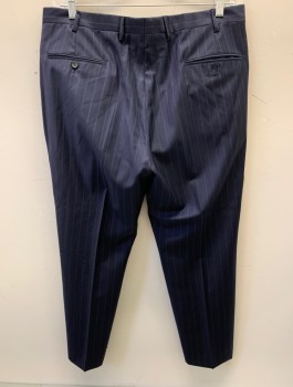 BROOKS BROTHERS, Navy Blue, White, Wool, Stripes - Vertical , F.F, Tab Closure, Double Pin Stripe