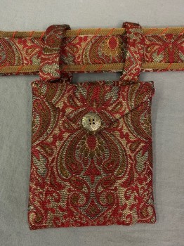 Mens, Historical Fiction Piece 4, N/L, Red, Gold, Orange, Bag - Brocade,  2 Loops, Open Pouch, Faux Button