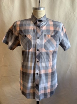 Mens, Casual Shirt, ZOO YORK, Peach Orange, Gray, Lt Gray, Cotton, Polyester, Plaid, M, Button Front, Collar Attached, 2 Patch Pocket