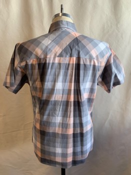 Mens, Casual Shirt, ZOO YORK, Peach Orange, Gray, Lt Gray, Cotton, Polyester, Plaid, M, Button Front, Collar Attached, 2 Patch Pocket