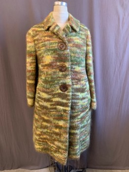 Womens, Coat, EMILIO, Green, Brown, Lt Gray, Lt Green, Wool, Zig-Zag , Stripes, L, C.A., 3 Large Brown Buttons, 2 Pockets,