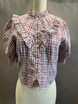 LUNG KEE, Purple, White, French Blue, Pink, Sage Green, Cotton, Plaid, Ruffle Collar, Ruffle Trim, Ruffle Cuffs, Stand Collar, Button Front, S/S, Split at Front Center Hem