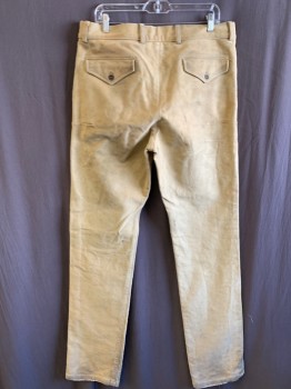 Mens, Historical Fiction Pants, NL, Sand, Cotton, Solid, 38, 36, F.F, Button Front, Side Pockets, Belt Loops, 2 Back Flap Pockets, Aged