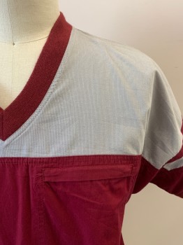 PIERRE CARDIN, Lt Gray, Red Burgundy, Cotton, Polyester, Color Blocking, V-N, Pull On, S/S, 3 Pckts,