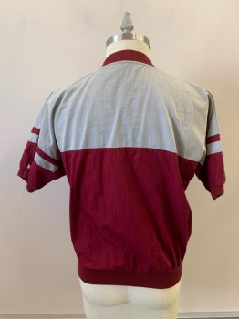Mens, Casual Shirt, PIERRE CARDIN, Lt Gray, Red Burgundy, Cotton, Polyester, Color Blocking, L, V-N, Pull On, S/S, 3 Pckts,