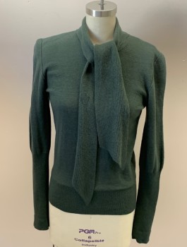 Womens, Pullover, NL, Moss Green, Wool, Solid, XS, Round Neck with Attached Tie, Nude Lining