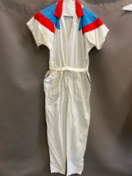 N/L, White Cottonwith Red/Cerulean Collar/shoulder And Pocket Accents , S/S, Zip Front, V-N, C.A., Elastic Back Waist, Attached Belt with Double D-ring, 2 Pckts,