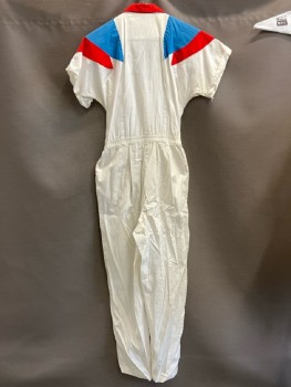N/L, White Cottonwith Red/Cerulean Collar/shoulder And Pocket Accents , S/S, Zip Front, V-N, C.A., Elastic Back Waist, Attached Belt with Double D-ring, 2 Pckts,